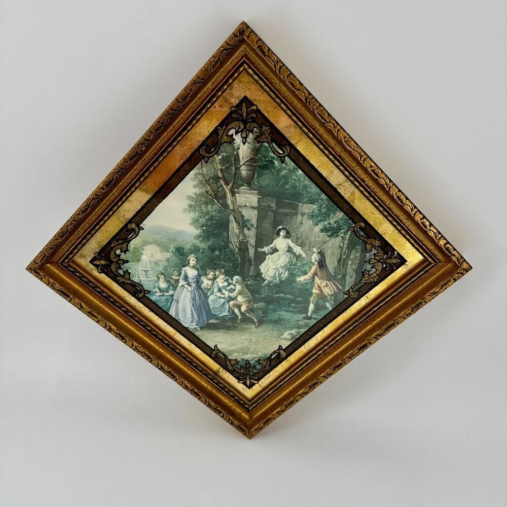 Vintage Gold Framed Rococo Style Lithograph Wall Art 11.5"x11.5" Diamond - Picture 1 of 5